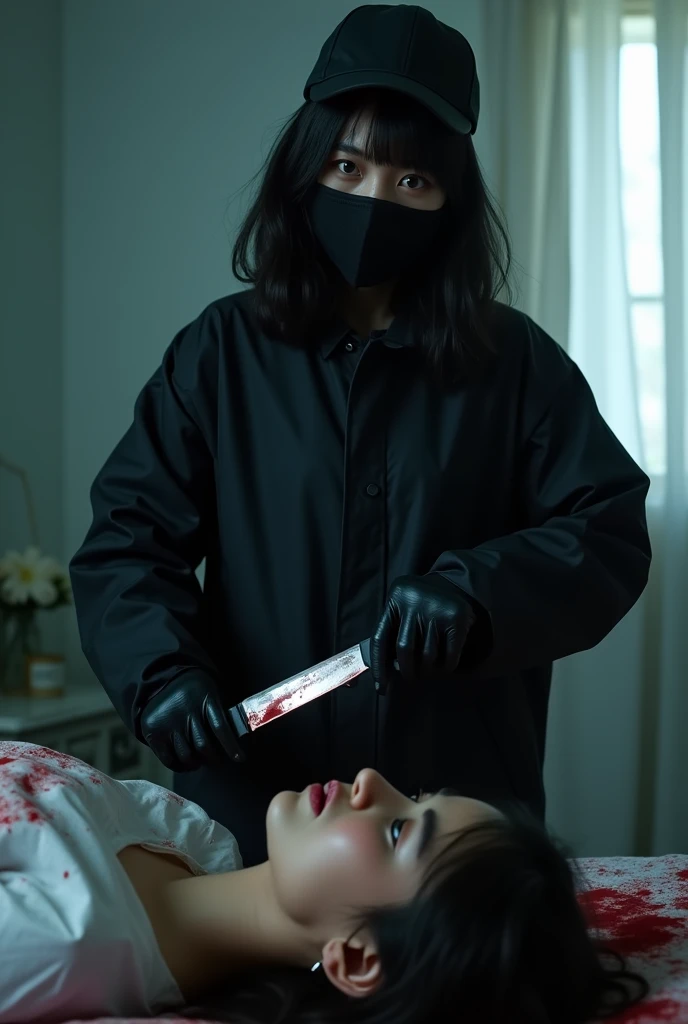 korean girl, (behind stiff, holding knife), stabbing, black balaclava mask, black gloves, girl's room, black raincoat, trucker hat, bloody knife, black gloves, woman on top, behind cadaver, blood splatter, on the bed, girl only, looking at viewer, mass murderer, killer, blood splatter, dark atmosphere, cinematic lighting, atmospheric realistic, light from the window,