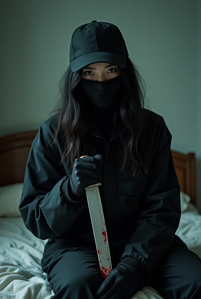 korean girl, (behind stiff, holding knife), stabbing, black balaclava mask, black gloves, girl's room, black raincoat, trucker hat, bloody knife, black gloves, woman on top, behind cadaver, blood splatter, on the bed, girl only, looking at viewer, mass murderer, killer, blood splatter, dark atmosphere, cinematic lighting, atmospheric realistic, light from the window,