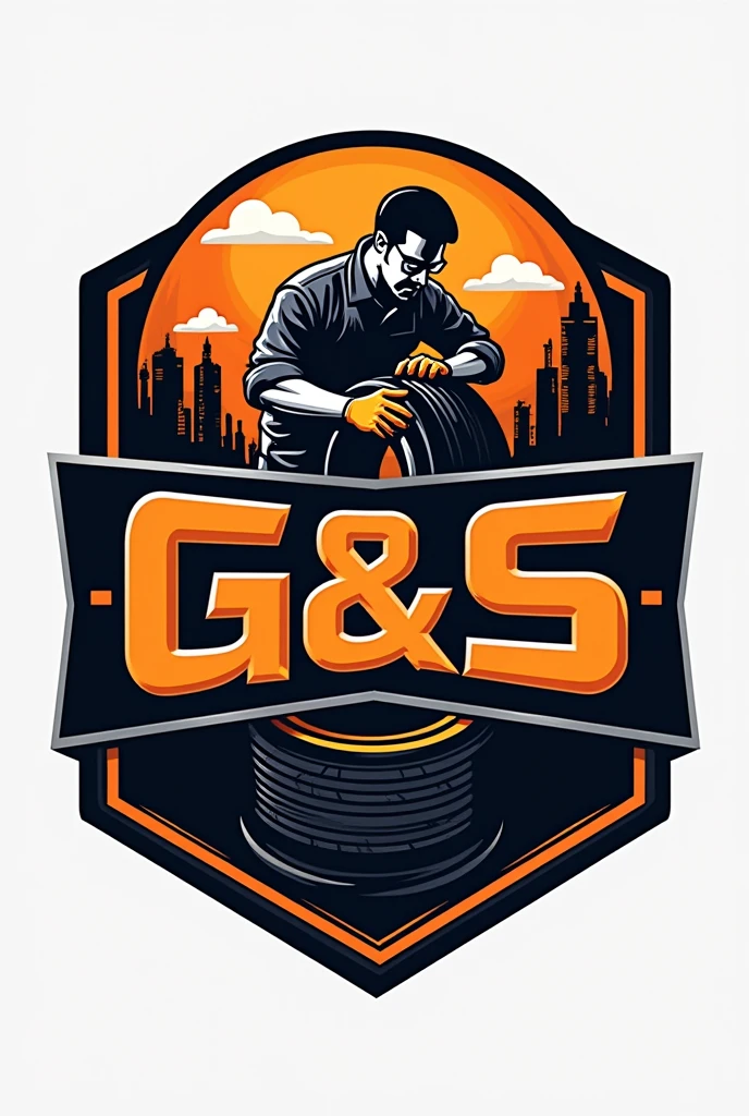 Create a professional mechanic workshop logo G&S TIRES orange and black