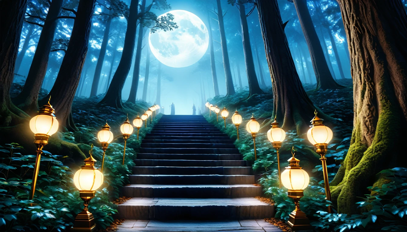 38k, hdr, mystical, dense forest, many tall and thick trees, in the background, on a white porcelain staircase with gold. White porcelain steps, realistic forest, dark blue image background, dark blue sky, moon, trees, 2 lanterns, on the tree, illuminated path, atmosphere, neon blue light, thick, Hyper-realistic with cinematic quality, towers from the movie Lord of the Rings, featuring sharp details and rich colors that add depth and warmth to the image, 8K HDR photo), Realistic texture,