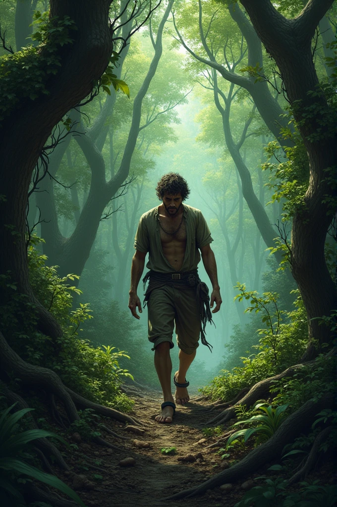 Make a picture of a man who is stuck in a dense forest alone and he is trying to get out from that 