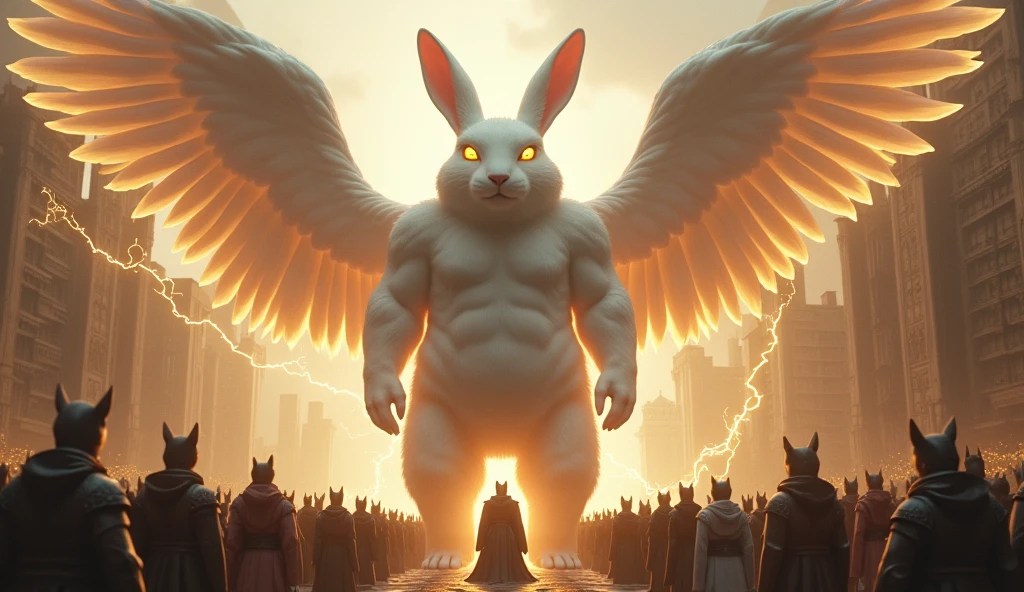 A rabbit, The color is white, So big it could swallow a poem, Holy, Seongsu, Stand on two legs, muscular body, Spreading the angel&#39;s wings., A cat with a human face, Wearing the armor of a medieval emperor,The size of a city , Rich medieval ancient city background, It is 100m in size, god화속세상, high detail, 8k, photorealistic, hyper realistic, god, Electricity surrounds the body, The eyes glow yellow., The crowd is bowing down to him..