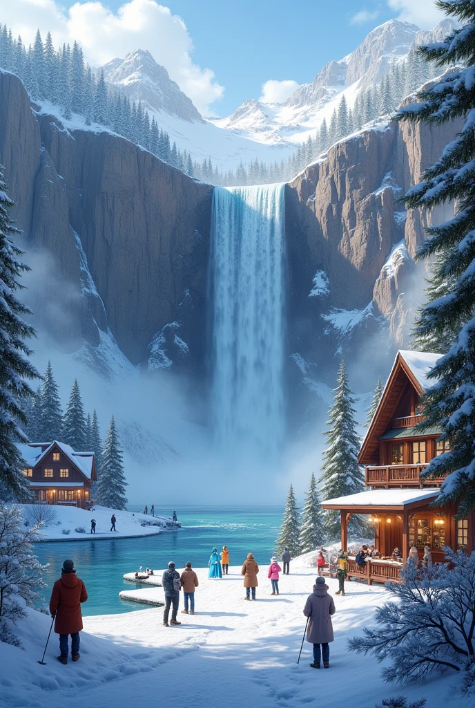 Huge Waterfall in snow.and tourists.restuarants.skiing