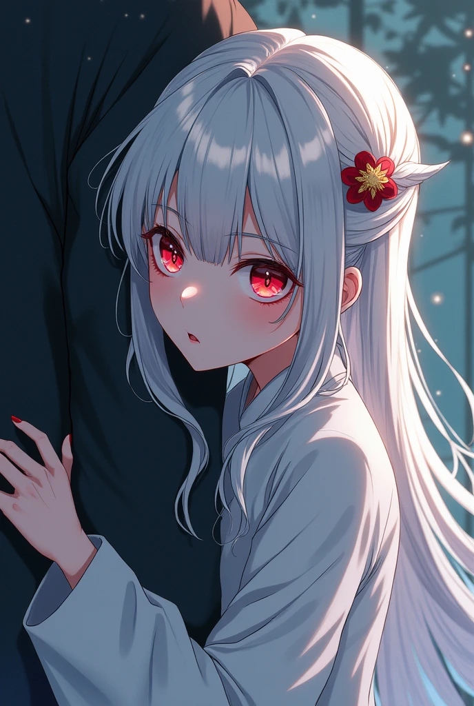 A woman with long white hair and ruby red eyes,,, Clothes like a Chinese cultivator,, hiding behind someone with her arms around her,,anime art,,Hiding because he's afraid and just showing his arm to the person he's hugging,, Hiding behind people because of fear