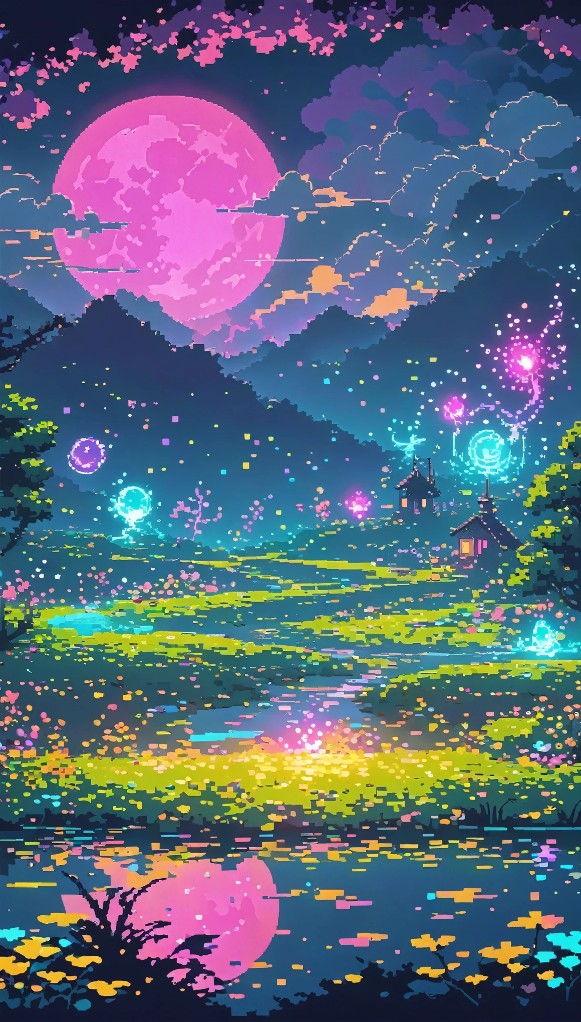 dark neon Magical Witch pixel ,landscape, No people, Witch's Broom