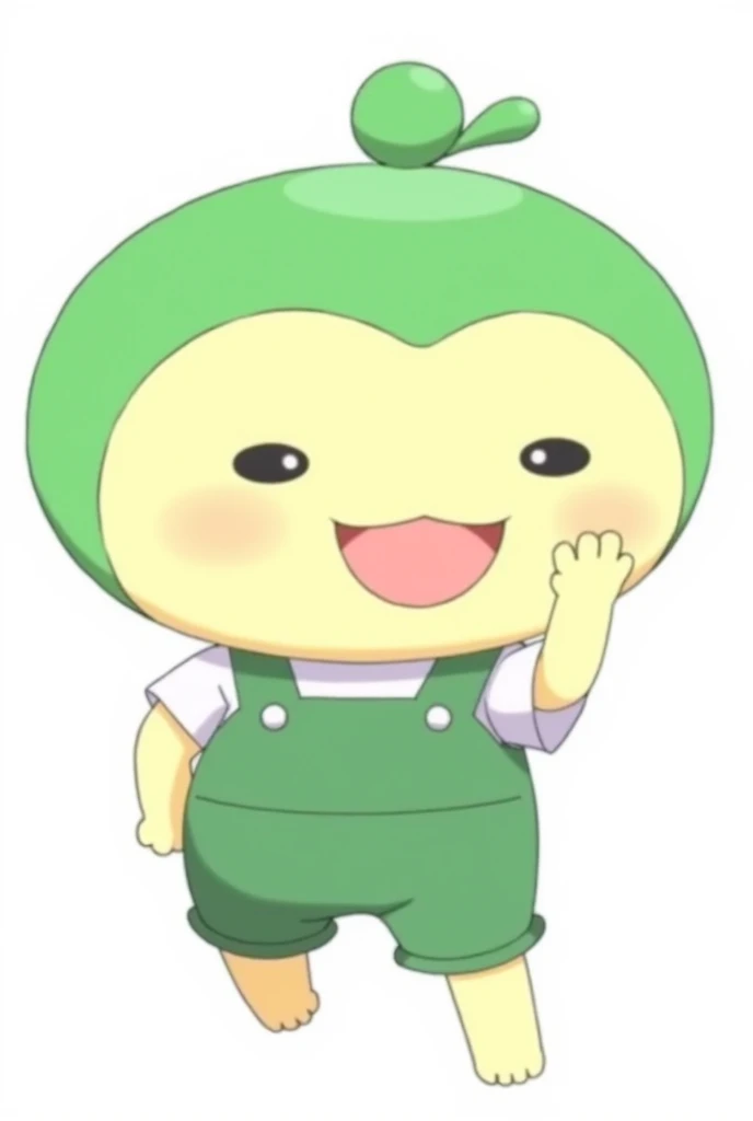 「Two-headed Zundamon anime character。A big round head with a green bun-like hairstyle。With a bright and cheerful smile、Green overalls with shorts and white short sleevesyWearing a shirt。In a waving pose、The background is simple in color」
