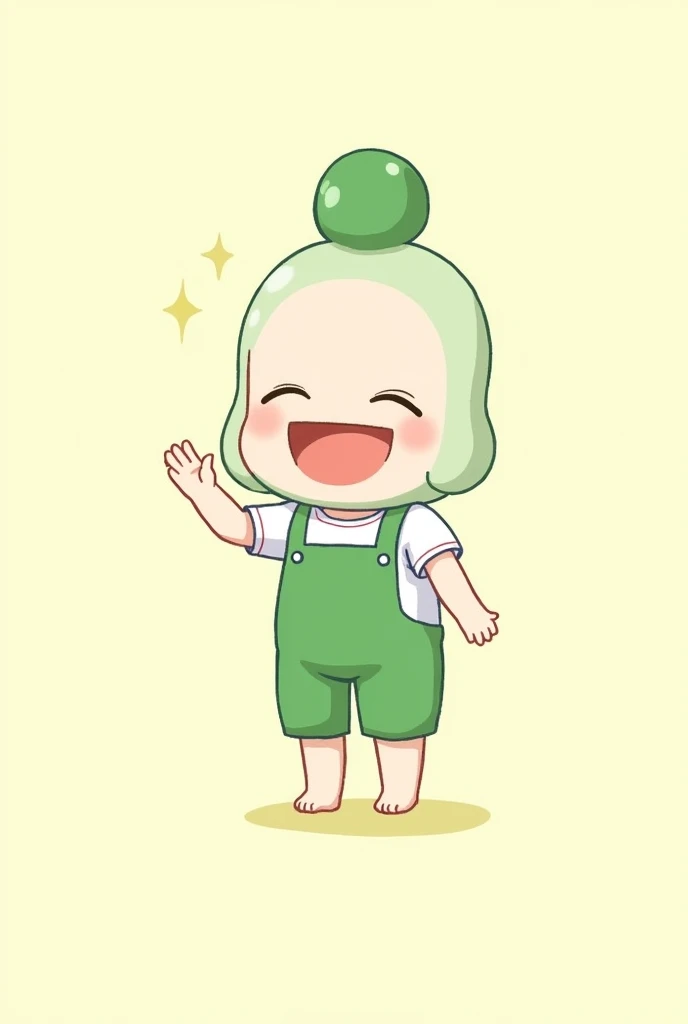 「Two-headed Zundamon anime character。A big round head with a green bun-like hairstyle。With a bright and cheerful smile、Green overalls with shorts and white short sleevesyWearing a shirt。In a waving pose、The background is simple in color」