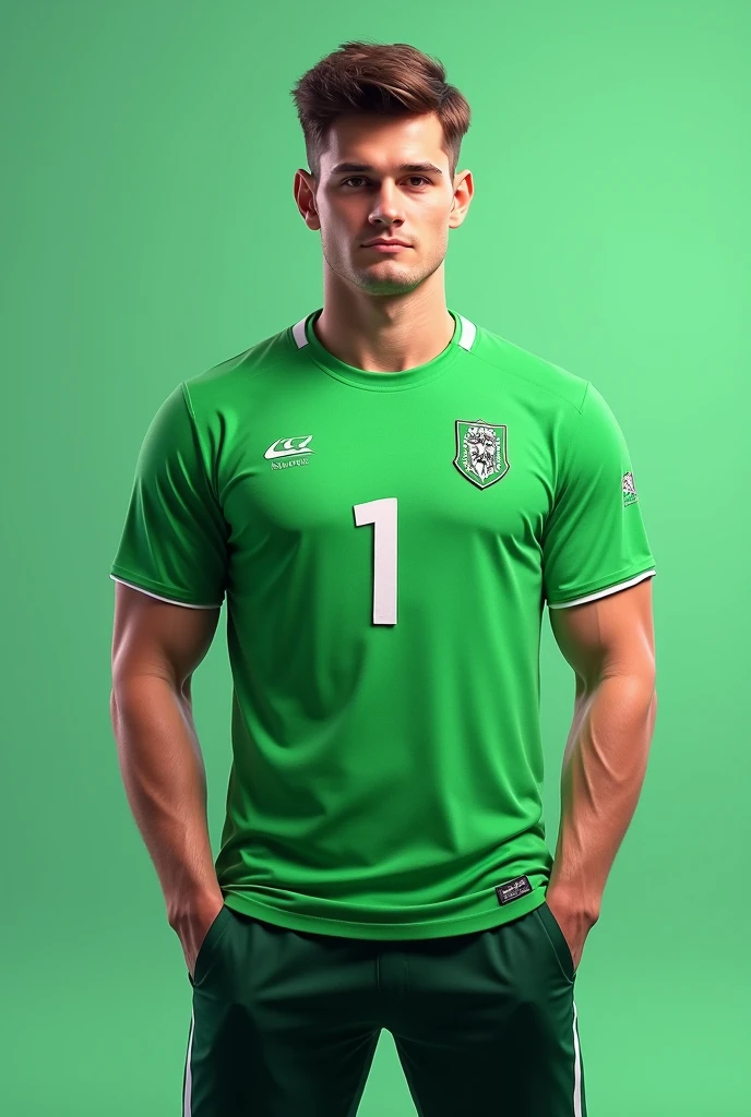 make a shirt model for interclass, na cor verde, Number 1, name mateus and then written third. the generated image must have front cost, and the name and number, Matthew written on the coast