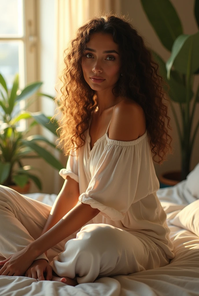 (photorealism:1.2), beautiful woman, sitting on bed, wearing loose off-shoulder top, pajama pants, long curly hair, indoors, soft lighting, plants in background, window with sunlight, cozy room, relaxed pose, realistic, intricate details, warm colors, by Greg Rutkowski, by Alphonse Mucha