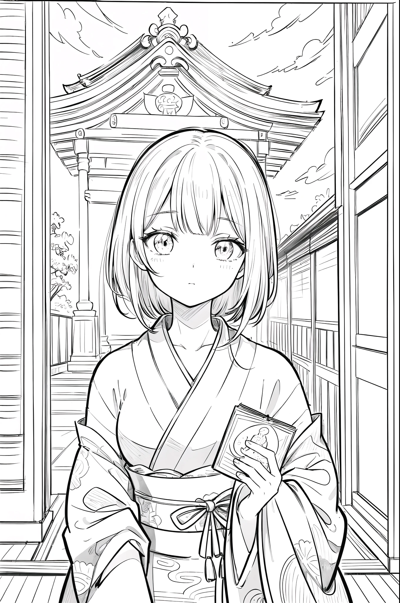 (high contrast, sketch, monochrome, clean line drawings for coloring book:1.3), Depicting a realistic and cute ukiyo-e illustration of a woman in a kimono that conveys Japanese culture. The illustration is a illustration with detailed facial features and cartoon-style visuals, The main hall of the temple can be seen in the background.