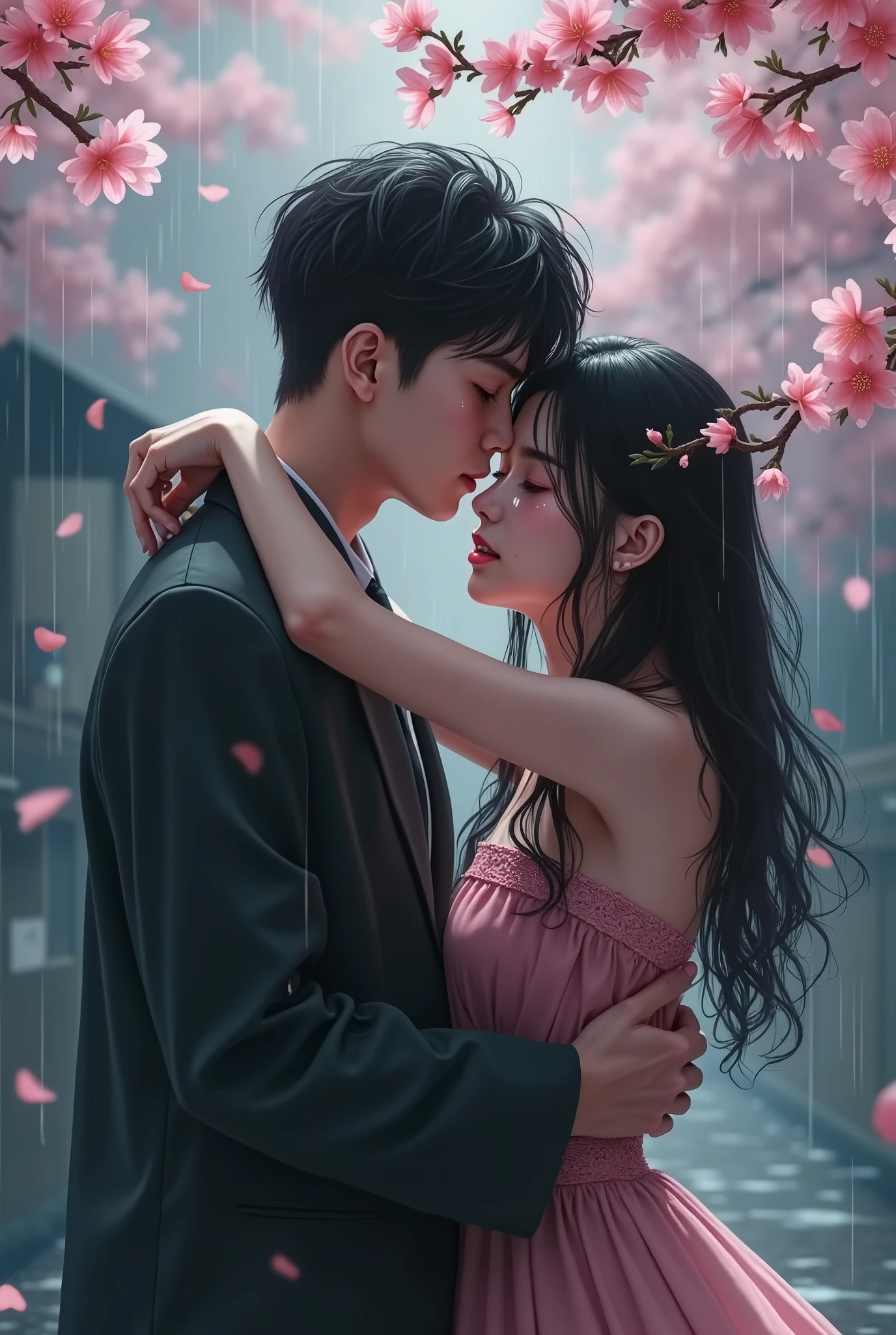 young beautiful man and woman crying together, in Japan, raining, Sakura, 4k, love. details