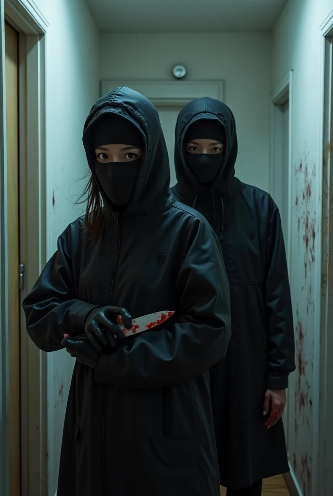 2 korean girls, (holding knife, leather balaclava mask), stabbing, black leather gloves, entrance of the house, black raincoat, girl only, bloody knife, leather gloves, looking at viewer, white room, blood splatter, night, mass murderer, killer, blood splatter, bloody room
