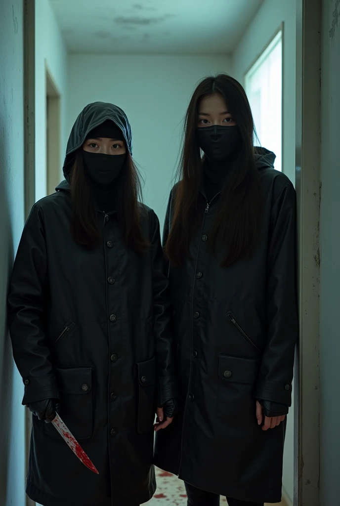 2 korean girls, (holding knife, leather balaclava mask), stabbing, black leather gloves, entrance of the house, black raincoat, girl only, bloody knife, leather gloves, looking at viewer, white room, blood splatter, night, mass murderer, killer, blood splatter, bloody room