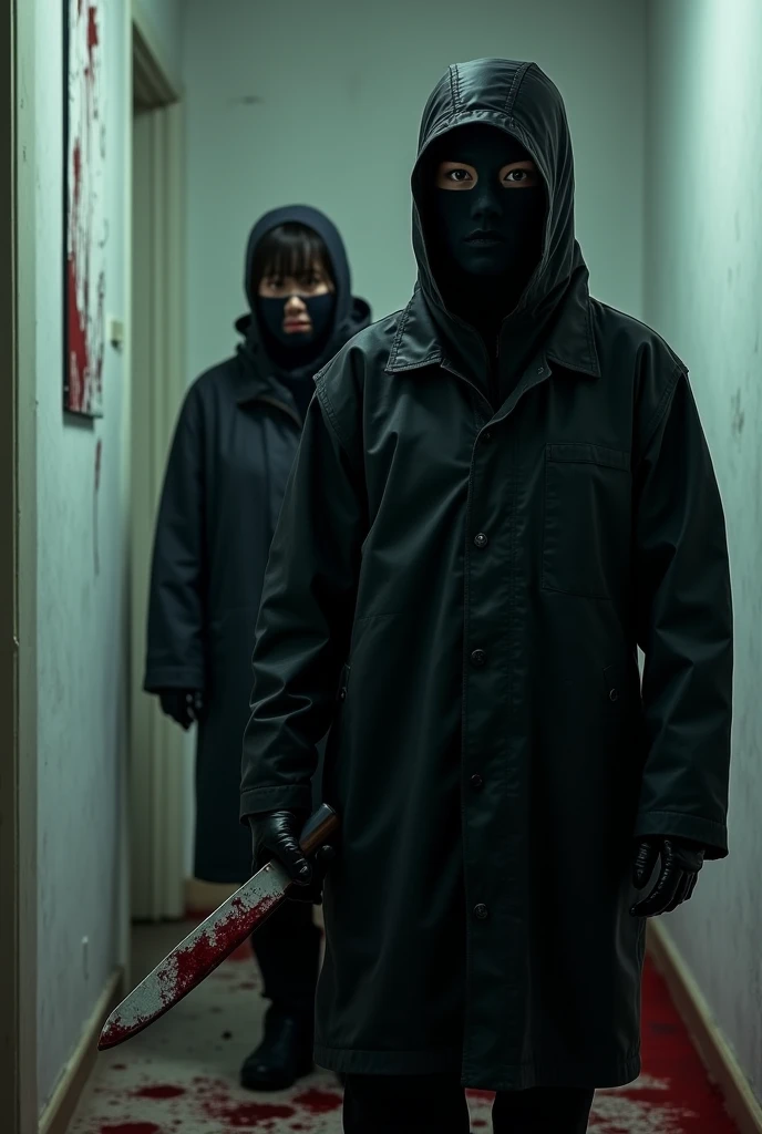 2 korean girls, (holding knife, leather balaclava mask), stabbing, black leather gloves, entrance of the house, black raincoat, girl only, bloody knife, leather gloves, looking at viewer, white room, blood splatter, night, mass murderer, killer, blood splatter, bloody room
