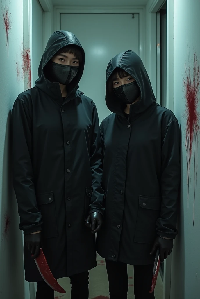 2 korean girls, (holding knife, leather balaclava mask), stabbing, black leather gloves, entrance of the house, black raincoat, girl only, bloody knife, leather gloves, looking at viewer, white room, blood splatter, night, mass murderer, killer, blood splatter, bloody room
