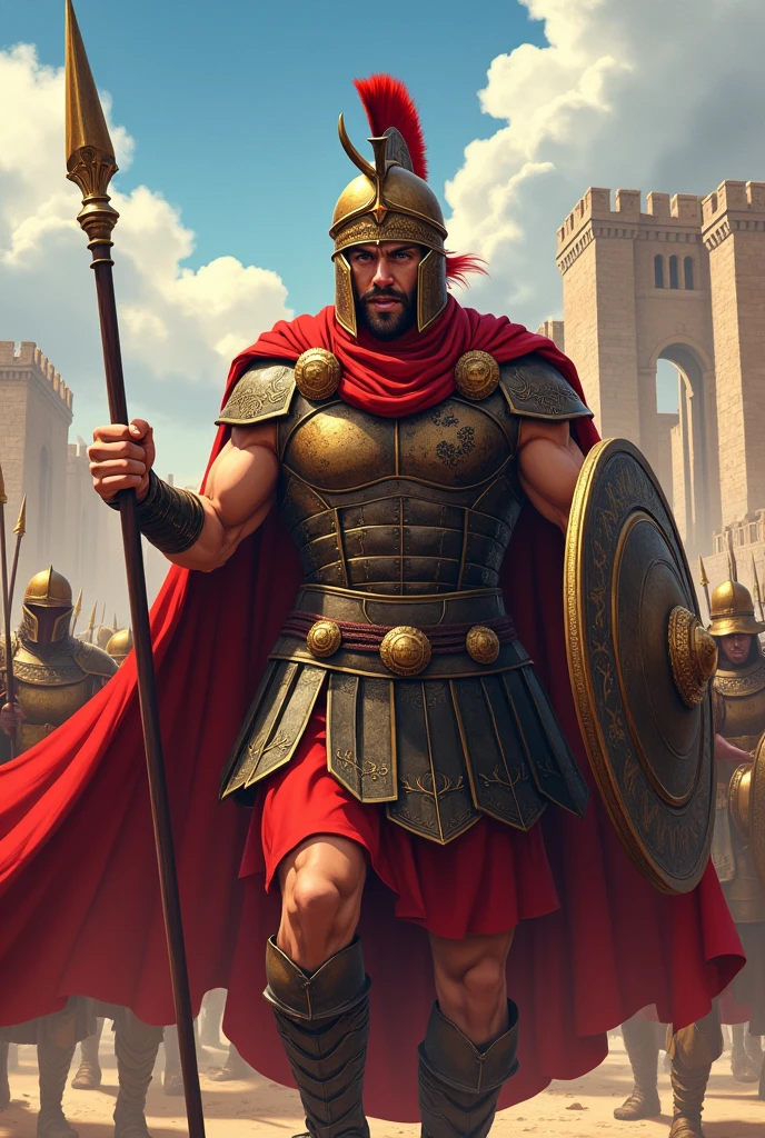 warrior of Mycenae, Ancient Greece, bronze armor with red vestments, helmet with small horns, ((anime styling)), leading army to protect your city, holding a spear in his right hand pointing forward and shield in his left hand, battle cry expression.