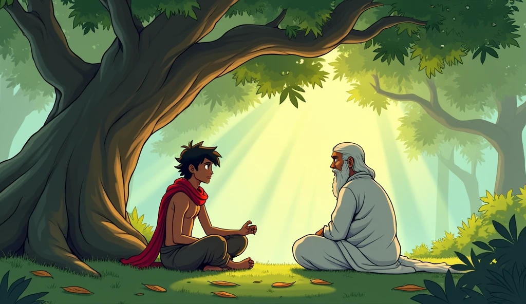 Arav explaining his troubles to Sage Bhaskar: Comic style. Arav, the young adult warrior, sits cross-legged in front of Sage Bhaskar under the large, ancient tree. The tree’s expansive branches provide shade, with rays of sunlight piercing through the leaves. The ground is covered in soft grass, with a few fallen leaves scattered around. Arav's dark brown eyes reflect his deep concern, and his red scarf is draped over his shoulders. Sage Bhaskar sits opposite him, his white robes contrasting with the green backdrop. The serene forest setting enhances the calmness of the conversation
