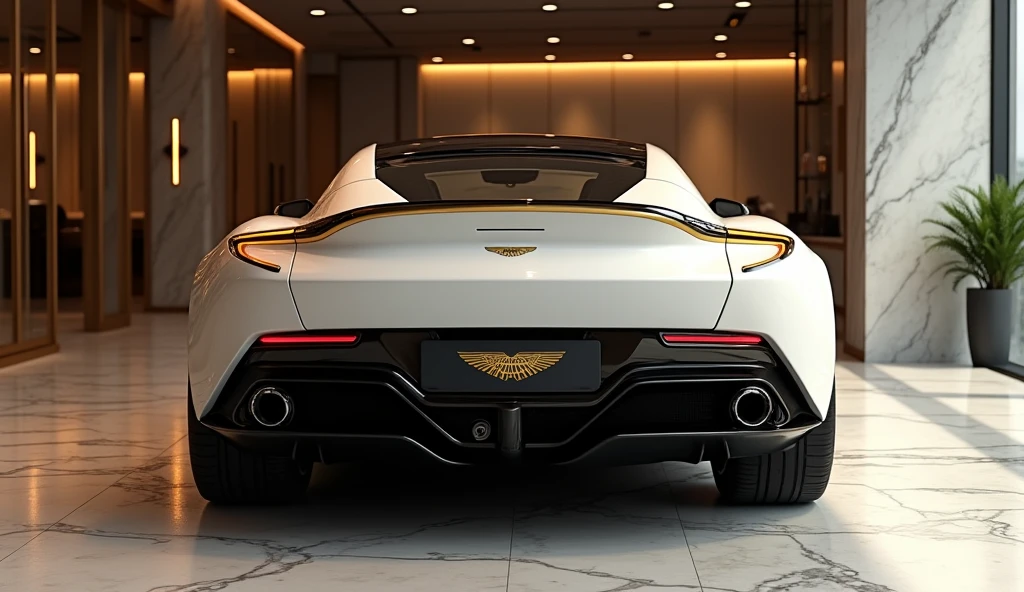  A rear view of the luxurious new 2025 Aston Martin, featuring a striking combination of white and gold, parked in an upscale showroom. The car’s distinctive rear design includes sleek taillights with elegant gold accents and a refined, sporty rear bumper. The white and gold finish enhances the vehicle’s sophisticated appearance, creating a dramatic and high-impact look. The showroom is designed with opulent features such as polished marble floors, expansive glass walls, and stylish decor. The refined lighting highlights the car’s premium finish and elegant design, making the Aston Martin the focal point of this luxurious setting.