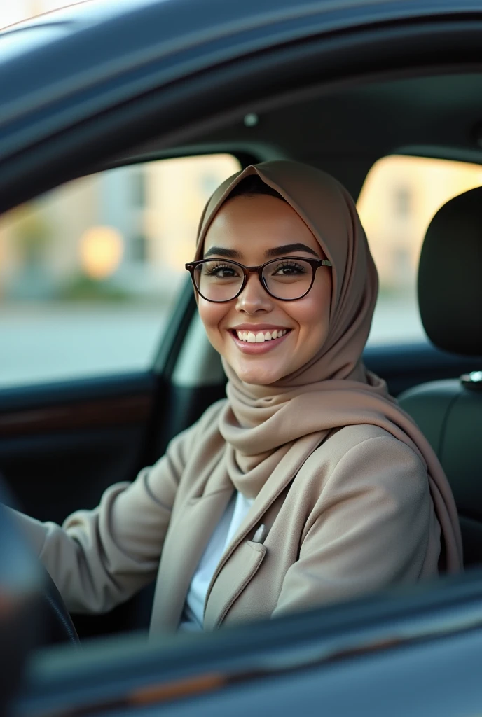hijab girl driving car with glasses and pretty makeup smiling