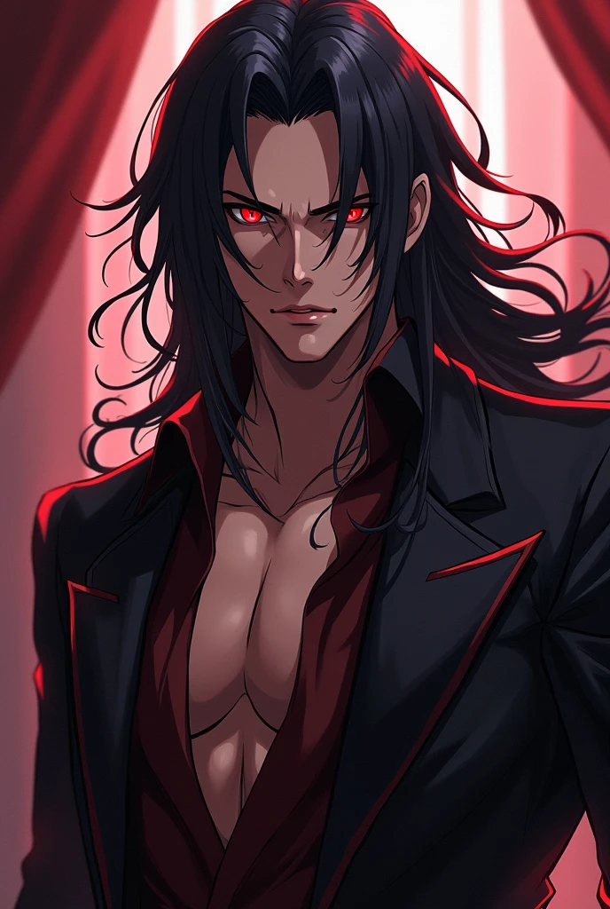 Adult anime man long black hair red eyes sexy
