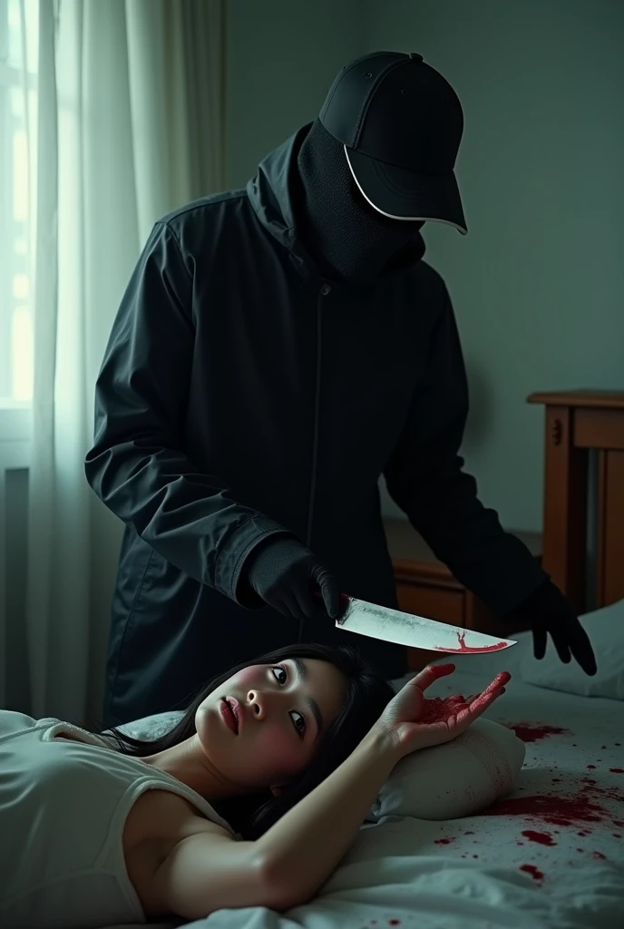 korean girl, (behind stiff, holding knife), stabbing, black balaclava mask, black gloves, girl's room, black raincoat, trucker hat, bloody knife, black gloves, woman on top, behind cadaver, blood splatter, on the bed, girl only, looking at viewer, mass murderer, killer, blood splatter, dark atmosphere, cinematic lighting, atmospheric realistic, light from the window,