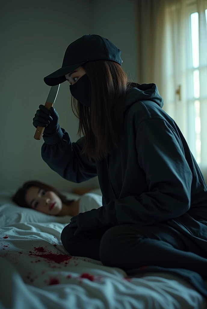 korean girl, (behind stiff, holding knife), stabbing, black balaclava mask, black gloves, girl's room, black raincoat, trucker hat, bloody knife, black gloves, woman on top, behind cadaver, blood splatter, on the bed, girl only, looking at viewer, mass murderer, killer, blood splatter, dark atmosphere, cinematic lighting, atmospheric realistic, light from the window,
