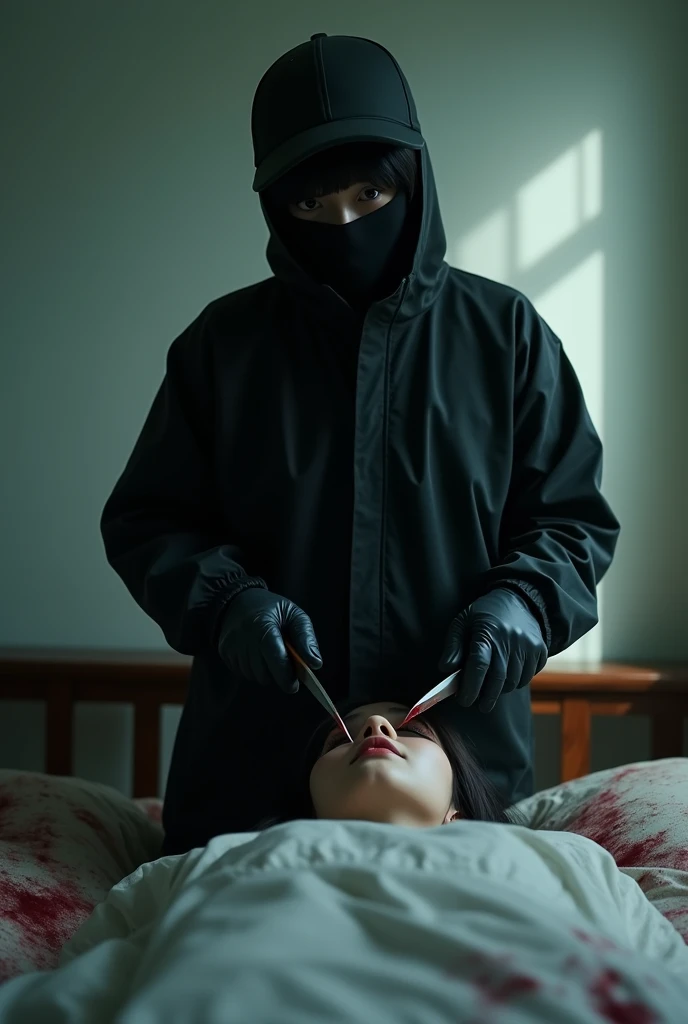 korean girl, (behind stiff, holding knife), stabbing, black balaclava mask, black gloves, girl's room, black raincoat, trucker hat, bloody knife, black gloves, woman on top, behind cadaver, blood splatter, on the bed, girl only, looking at viewer, mass murderer, killer, blood splatter, dark atmosphere, cinematic lighting, atmospheric realistic, light from the window,

