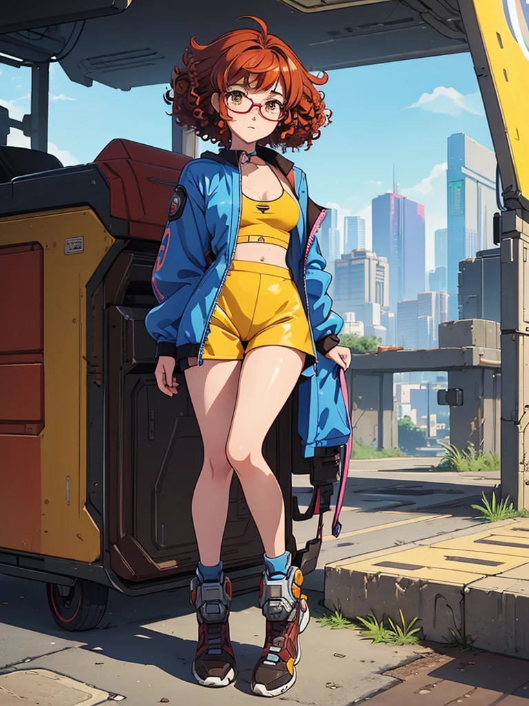 (masterpiece), (best quality), 1 girl, red hair,((brown eyes)),curly hair, (short curly hair) , brown eyes, anime style, freckles, (small breast),(petite figure), (blue outfit),(cyberpunk clothes)),legs, desert background, (yellow glasses)