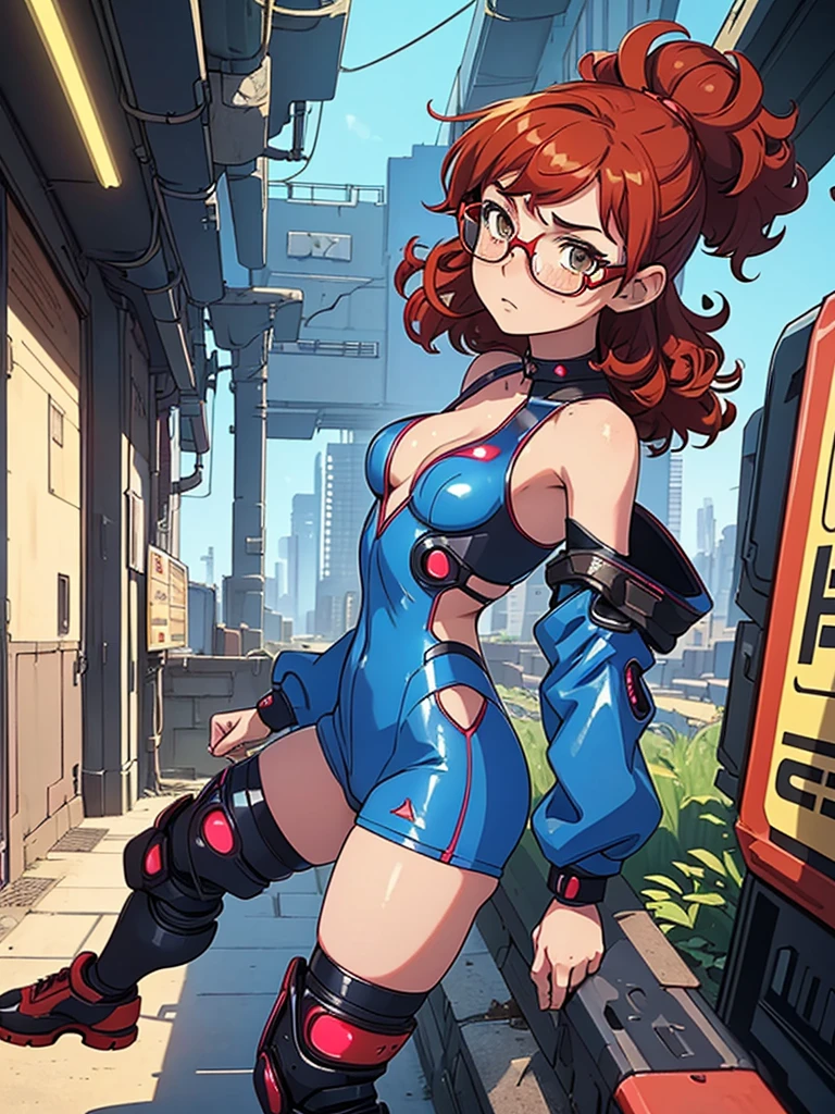 (masterpiece), (best quality), 1 girl, red hair,((brown eyes)),curly hair, (short curly hair) , brown eyes, anime style, freckles, (small breast),(petite figure), (blue outfit),(cyberpunk clothes)),legs, desert background, (yellow glasses)