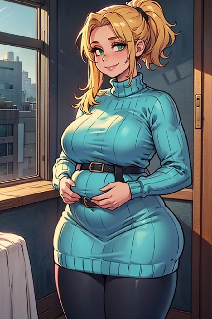 ((Masterpiece, best quality, perfect lighting, amazing shading)), (perfect anatomy, realistic proportions), field of depth, extremely beautiful, 1girl, (straight blonde hair), curtain bangs, green eyes, (neon blue sweater), leggings, (((fat))), (ribbed sweater dress), exposed shoulders, black undershirt, high waisted belt, black tights, cute smile, inside cozy apartment Livingroom background, detailed background, (cowboy shot)