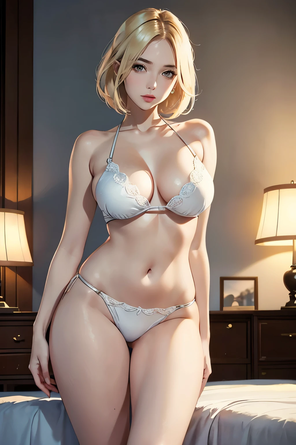 Around 30 years old, (Elegant and well-proportioned figure), (High heels), (Bob blonde Hair), Falter,,Wait for the tongue,(Delicate and elegant light makeup), delicate and beautiful white skin, Detailed facial depiction with beautiful double eyelids, Gentle eyes that shine with youth and innocence, Expressing the amazing beauty of youth, Adorable Japan Woman, A beautiful portrait that captures her enchanting charm.. (8k, Highest quality, masterpiece: 1.2), (Realistic and photorealistic: 1.37), (To the office)Bikini,((Swimwear))