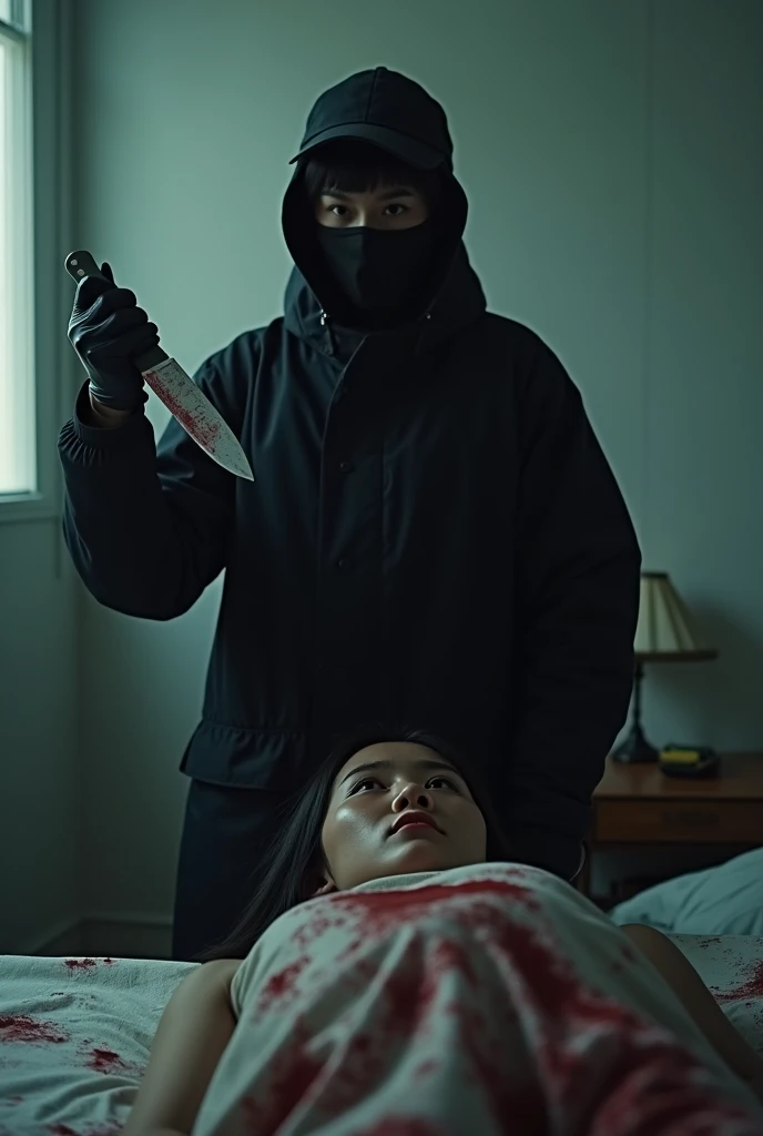 korean girl, (behind stiff, holding knife), stabbing, black balaclava mask, black gloves, girl's room, black raincoat, trucker hat, bloody knife, black gloves, woman on top, behind cadaver, blood splatter, on the bed, girl only, looking at viewer, mass murderer, killer, blood splatter, dark atmosphere, cinematic lighting, atmospheric realistic, light from the window,
