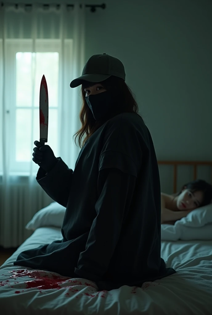 korean girl, (behind stiff, holding knife), stabbing, black balaclava mask, black gloves, girl's room, black raincoat, trucker hat, bloody knife, black gloves, woman on top, behind cadaver, blood splatter, on the bed, girl only, looking at viewer, mass murderer, killer, blood splatter, dark atmosphere, cinematic lighting, atmospheric realistic, light from the window,
