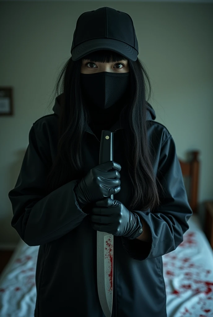 korean girl, (behind stiff, holding knife), stabbing, black balaclava mask, black gloves, girl's room, black raincoat, trucker hat, bloody knife, black gloves, woman on top, behind cadaver, blood splatter, on the bed, girl only, looking at viewer, mass murderer, killer, blood splatter, dark atmosphere, cinematic lighting, atmospheric realistic, light from the window,