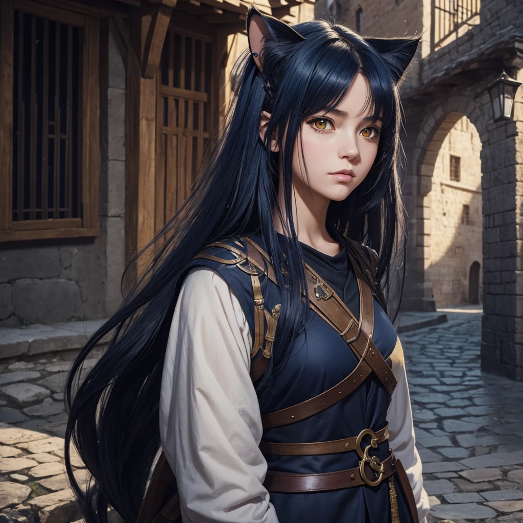 portrait, 1girl, young girl, cute girl, soft face, dark blue hair, anime hair, medium-long hair, yellow eyes, ninja, medieval, fantasy, RPG, cat ears, hidden human ears, at a medieval city, (best quality, masterpiece)