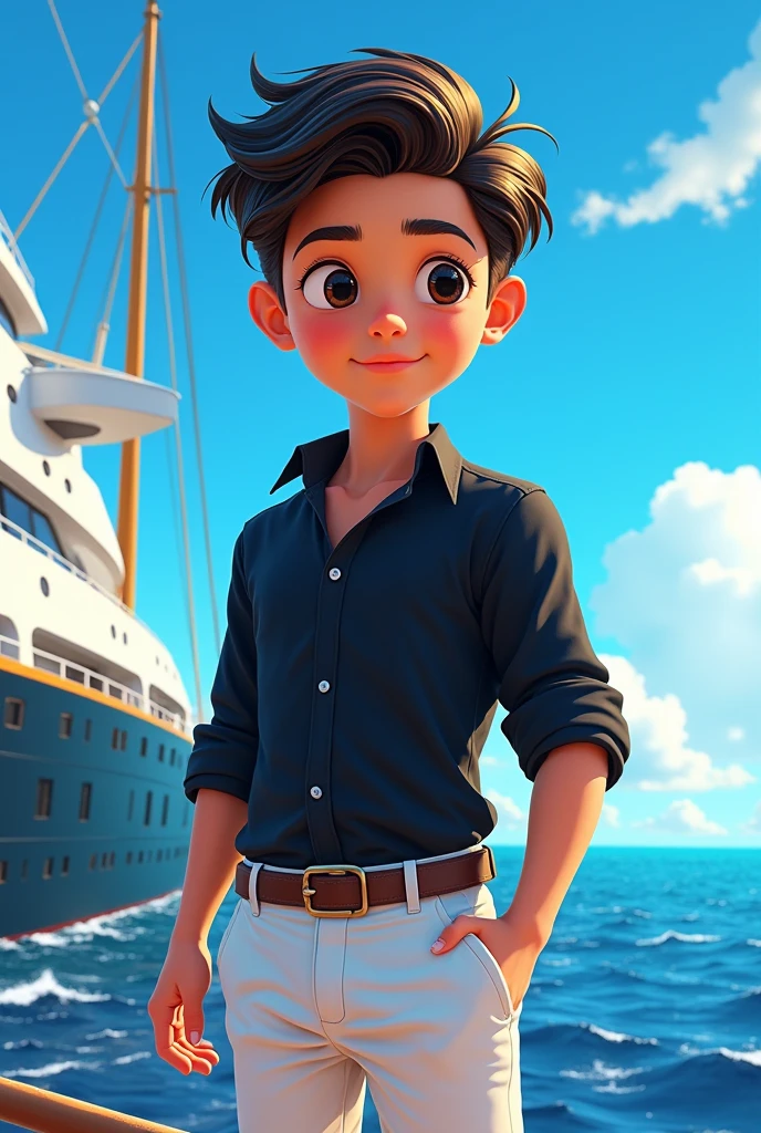 Make a photo of a boy boy who were a black shirt and white pants he is so handsome on a ship in ocean animeted