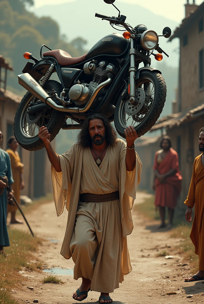 

"Jesus Christ struggling to carry a large motorcycle  on his shoulder up  in a town road, . The scene is set in a rustic, rural landscape with rugged terrain, emphasizing the effort and emotion involved in his task."and more villagers are watching him other town and he is 
crying folling water in his eays 