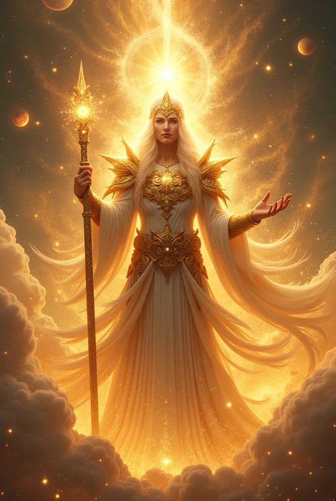 "Depict a powerful, celestial god standing amidst a glowing, ethereal landscape. The figure radiates divine light, surrounded by swirling golden clouds and shimmering cosmic energy. The god has an aura of majesty and authority, with intricate armor adorned with ancient symbols and patterns. Their eyes glow with wisdom and power, holding a scepter or staff that channels vibrant energy. In the background, celestial bodies like stars and planets orbit harmoniously, emphasizing the god’s cosmic influence. The scene should feel otherworldly, majestic, and awe-inspiring."