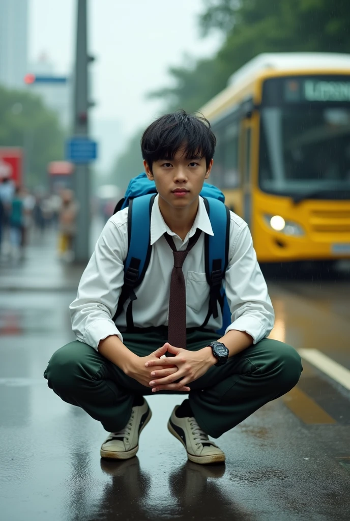 Malaysia man average 1. age man , wear white collar clothes. Black belt. Dark green long pants. Back pack bag body glove blue light ,dirty white converse shoes. Sitting on the bus stops. Figure four lock. Wear g shocked watch. Raining day. Wet road. Background bus coming. Dark brown long tie.