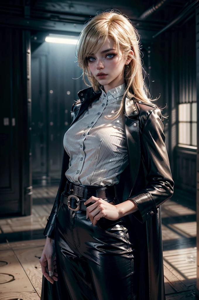 cowboy shot,a pretty 2 girl,blond hair,blue eyes,lora_Emma,slim athletic body,tight and stretched white blouse with buttons,button gap,short sleeves,ultra low rise black shiny latex pants,(double metal belt),empty studiobackground,((black coat on shoulders)),(best quality,4k,8k,highres,masterpiece:1.2),ultra-detailed,(realistic,photorealistic,photo-realistic:1.37),dramatic lighting,cinematic,fashion photography,studio lighting,high contrast,vivid colors,beautiful detailed eyes,beautiful detailed lips,extremely detailed eyes and face,long eyelashes, touching hair