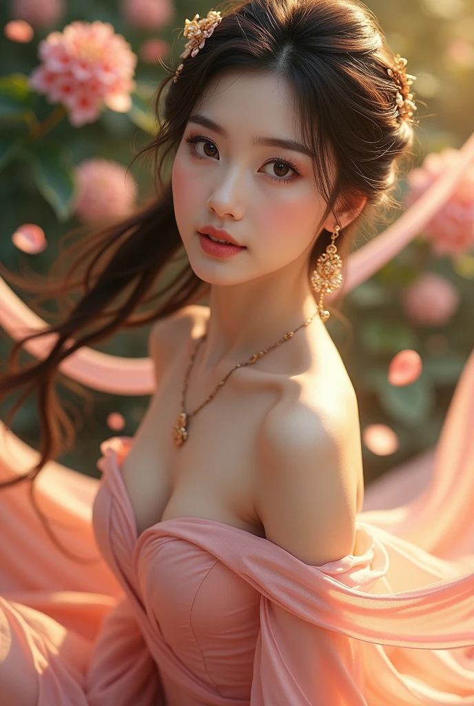 (masterpiece), best quality, high resolution, Extremely detailed, character close up, A beautiful white dress in Chinese style, Chinese elegant dress, Fine details, Cheongsam is beautiful and elegant, Colorful, Clothes floating, dramaticangle, Close to nature (close up), Require, warm color,Like sunshine,focus,Personal warmth, Champagne, The details stand out, Extra long ribbon, Open, whole body, Many details, Pink petals, Sunlight on the skin, brilliant, Hairpin, Hydrangea, boudoir.