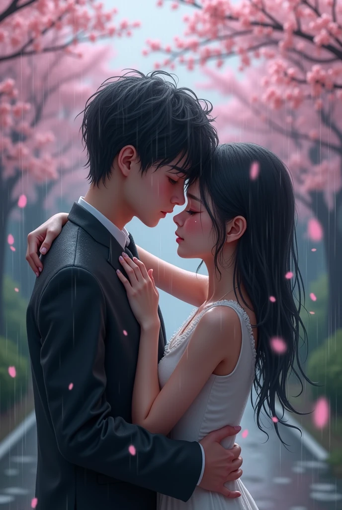 young beautiful man and woman crying together, in Japan, raining, Sakura, 4k, love. details, sad colors, wet eyes, tears,