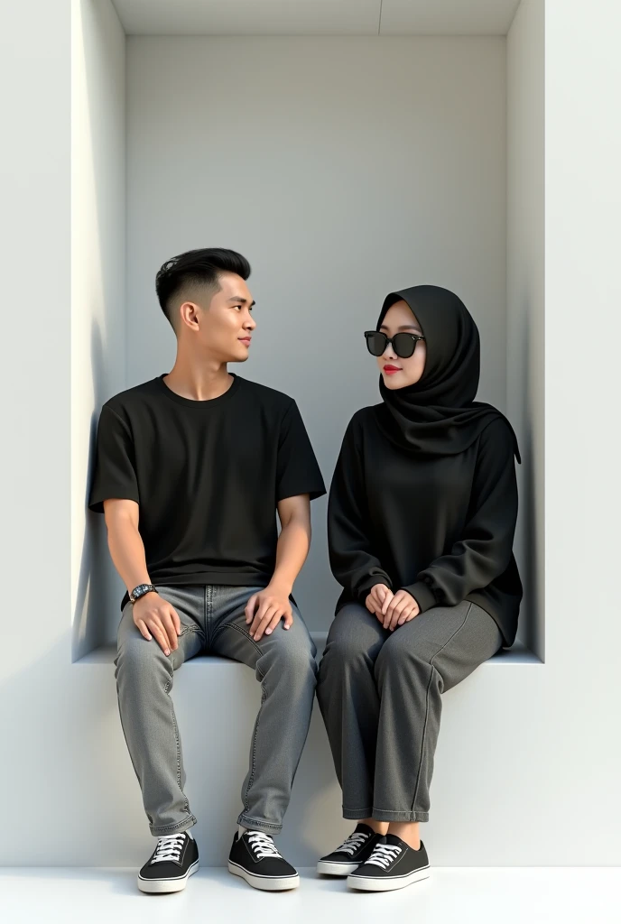photorealism:1.2), Indonesian man sitting in a white box facing forward ,thin and (short) short ,haircut (short slicked back) ,memakai kaos hitam dan gray jeans casual shoes ,with an Indonesian woman next to him in the same posture , wearing a black hijab and a black t-shirt ,with black hand decker ,,gray jeans ,casual shoes ,the woman is wearing sunglasses ,background silver