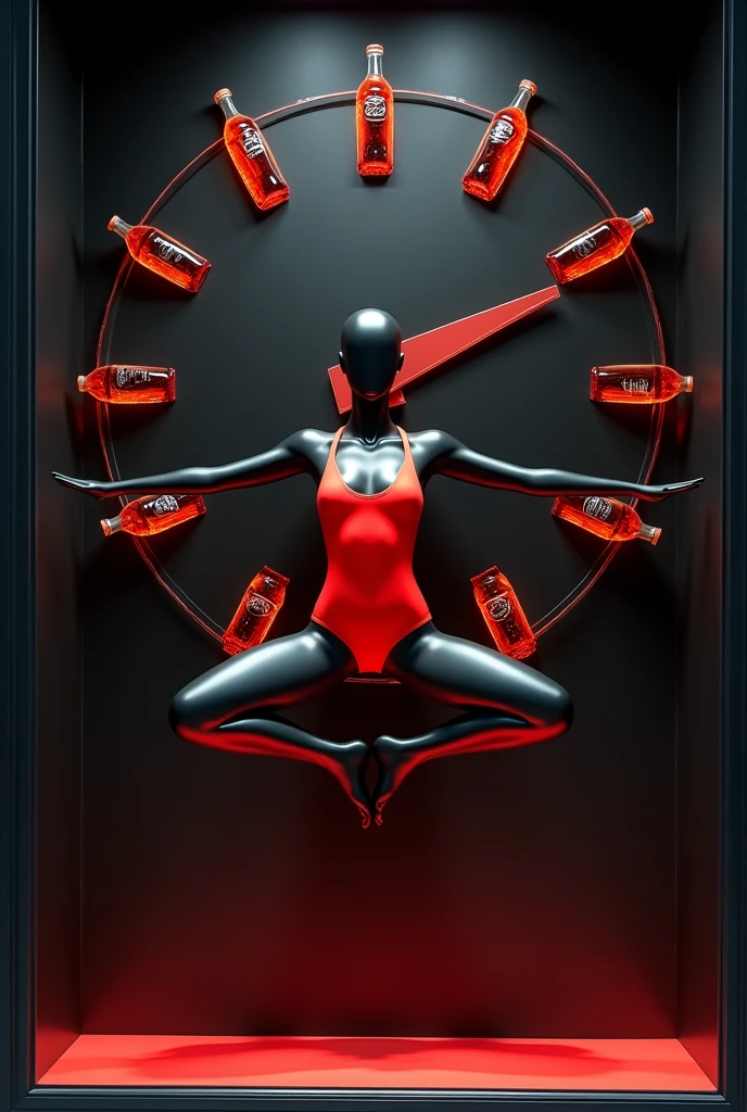 display window with a black mannequin and red swimsuit in a floating yoga position, in the middle of a clock whose hands are coca cola bottles, on a dark background and highlighted in the middle