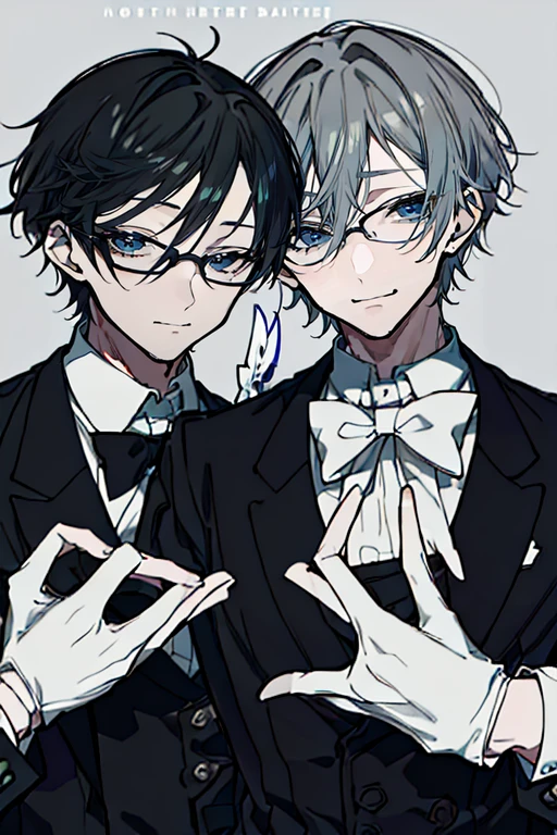 (Mastepiece)、(Best Quality)、Very detailed、((Two butlers:1.5))、Perfect Face、Beautiful Face、Very detailedな顔、(Black-haired man:1.3)、(Grey-haired man:1.3)、Black butler uniform、(glasses:1.3)、(White gloves:1.3)、Smiling face