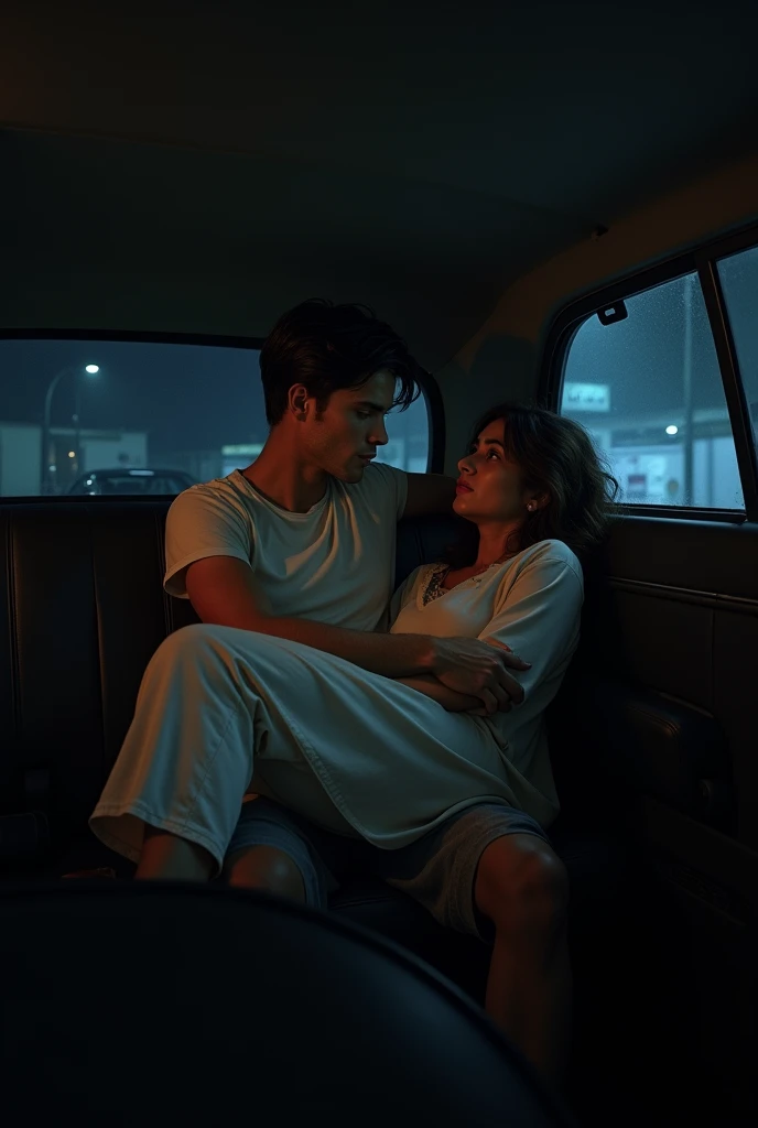 At night, one handsome 1 boy wears tshirt shorts sitting on back seat of the car and 40 year old woman is sitting on that boy's lap. That woman wears kurta and slack.