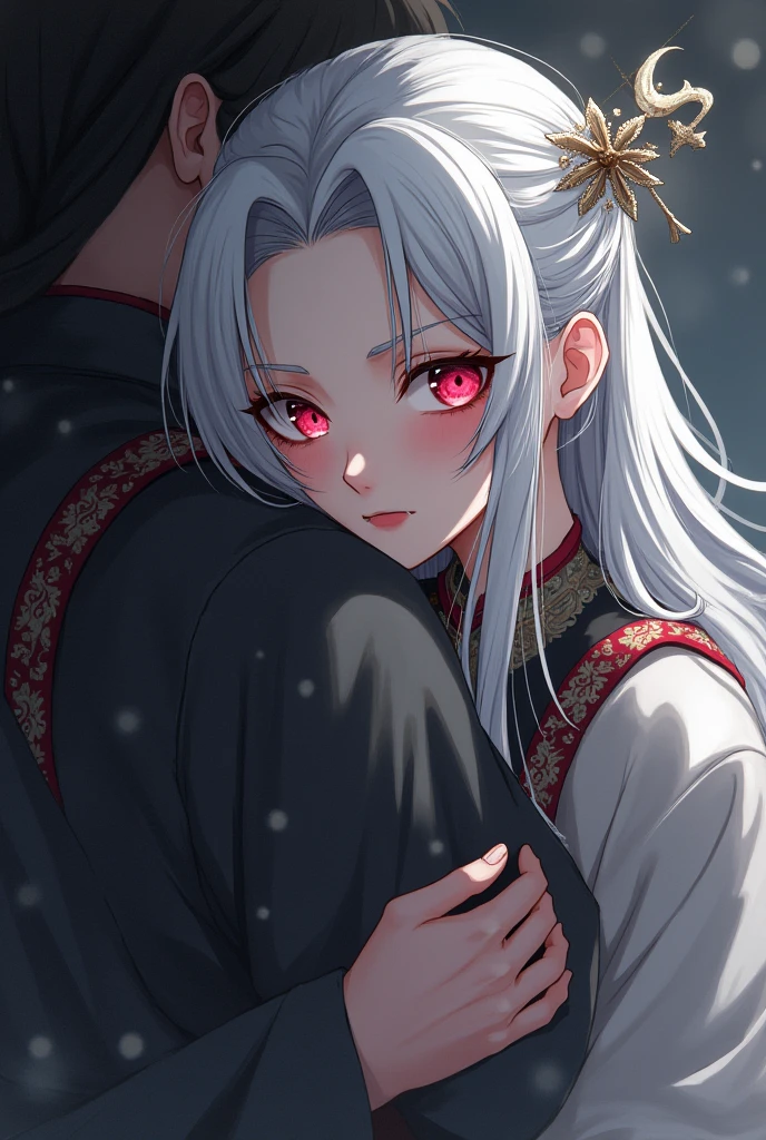 A woman with long white hair and ruby red eyes,,, Clothes like a Chinese cultivator,, hiding behind someone with her arms around her,,anime art,,Hiding because he's afraid and just showing his arm to the person he's hugging,, Hiding behind people because of fear,,Make his face more scared