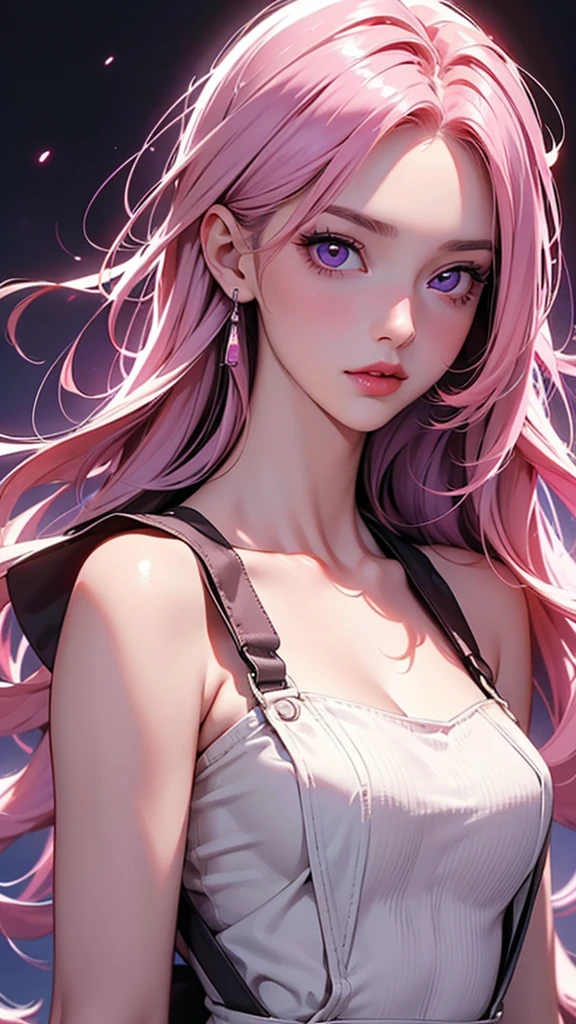 (Best quality,8K,high resolution,masterpiece:1.2),Digital Artwork, A girl,Delicate face,Delicate eyes,Pink Hair,Long and straight hair,Glowing purple eyes,Red lips,Suspenders