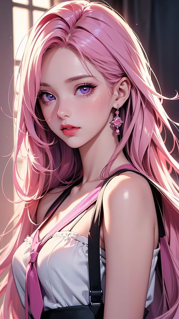 (Best quality,8K,high resolution,masterpiece:1.2),Digital Artwork, A girl,Delicate face,Delicate eyes,Pink Hair,Long and straight hair,Glowing purple eyes,Red lips,Suspenders