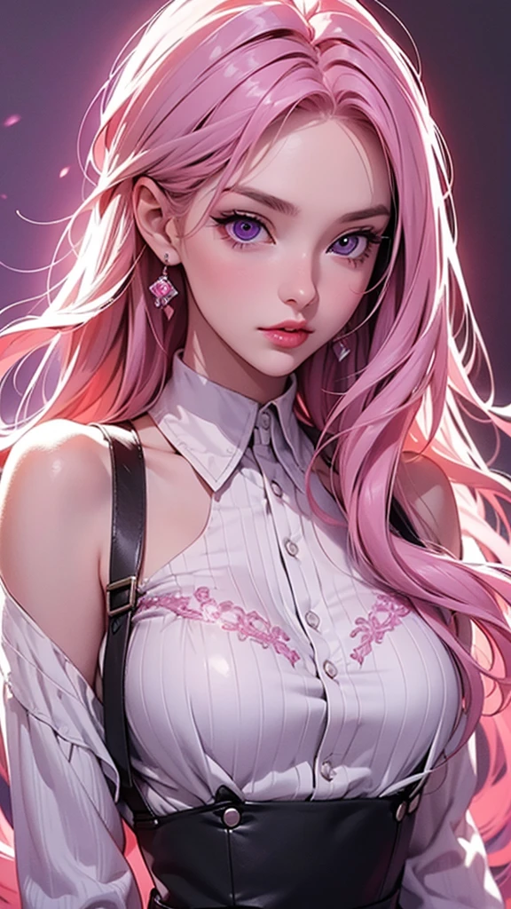 (Best quality,8K,high resolution,masterpiece:1.2),Digital Artwork, A girl，Delicate face，Delicate eyes，Pink Hair，Long and straight hair，Glowing purple eyes，Red lips，Suspenders